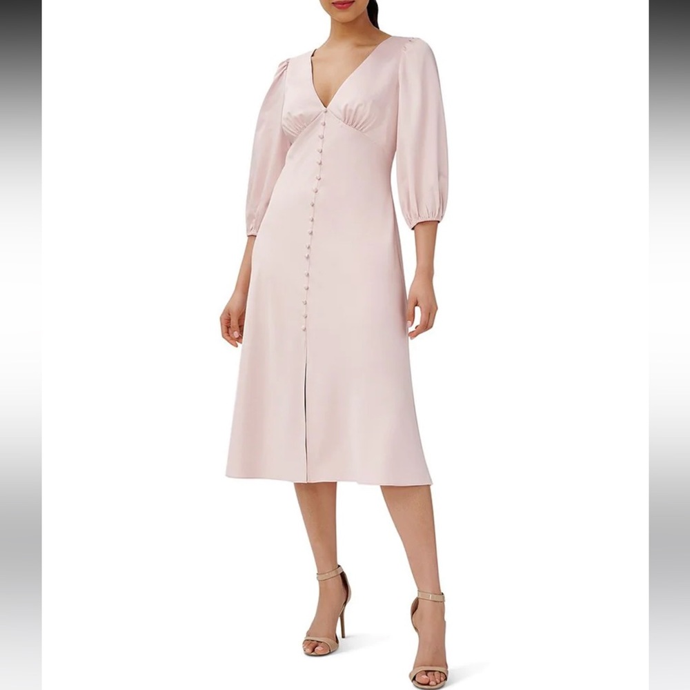 Adrianna Papell Satin Crepe Empire Waist V-Neck 3/4 Sleeve Button Midi Dress